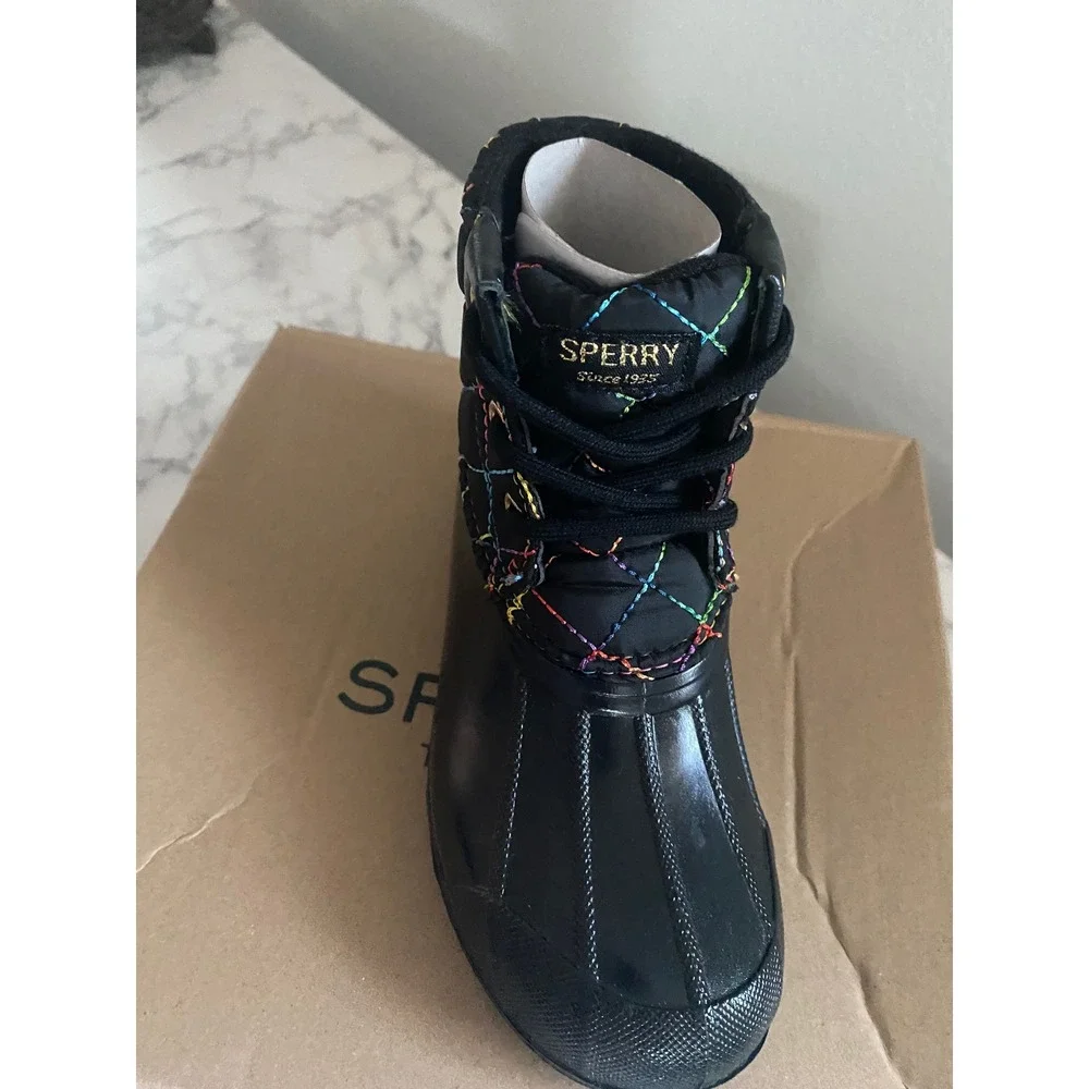 Sperry Saltwater Duck Boots Black Rainbow Quilted Kids 10M SCL166394
